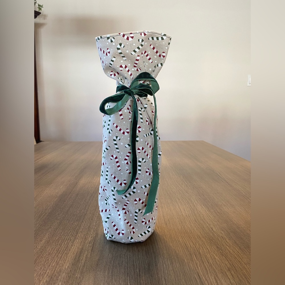 Festive Candy Cane Handmade Wine Bottle Gift Bag, White/Green/Red.